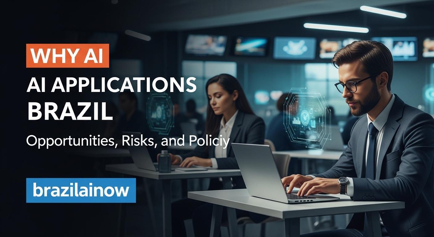 Illustration of AI integration across Brazil's key sectors in a Brazilian city and countryside.