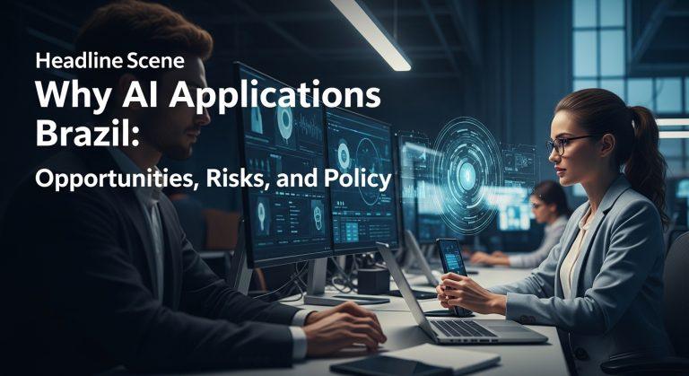 Illustration of AI integration across Brazil's key sectors in a Brazilian city and countryside.