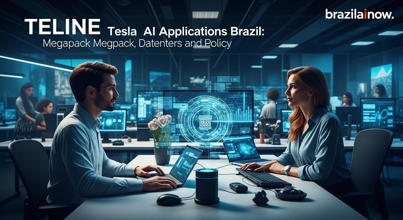 Tesla Megapack energy storage modules powering a Brazilian AI data center in a sunny landscape.