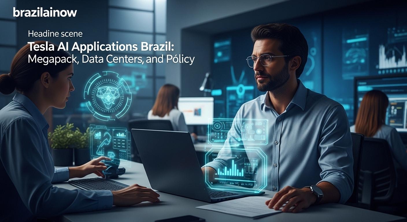 Tesla Megapack energy storage modules powering a Brazilian AI data center in a sunny landscape.