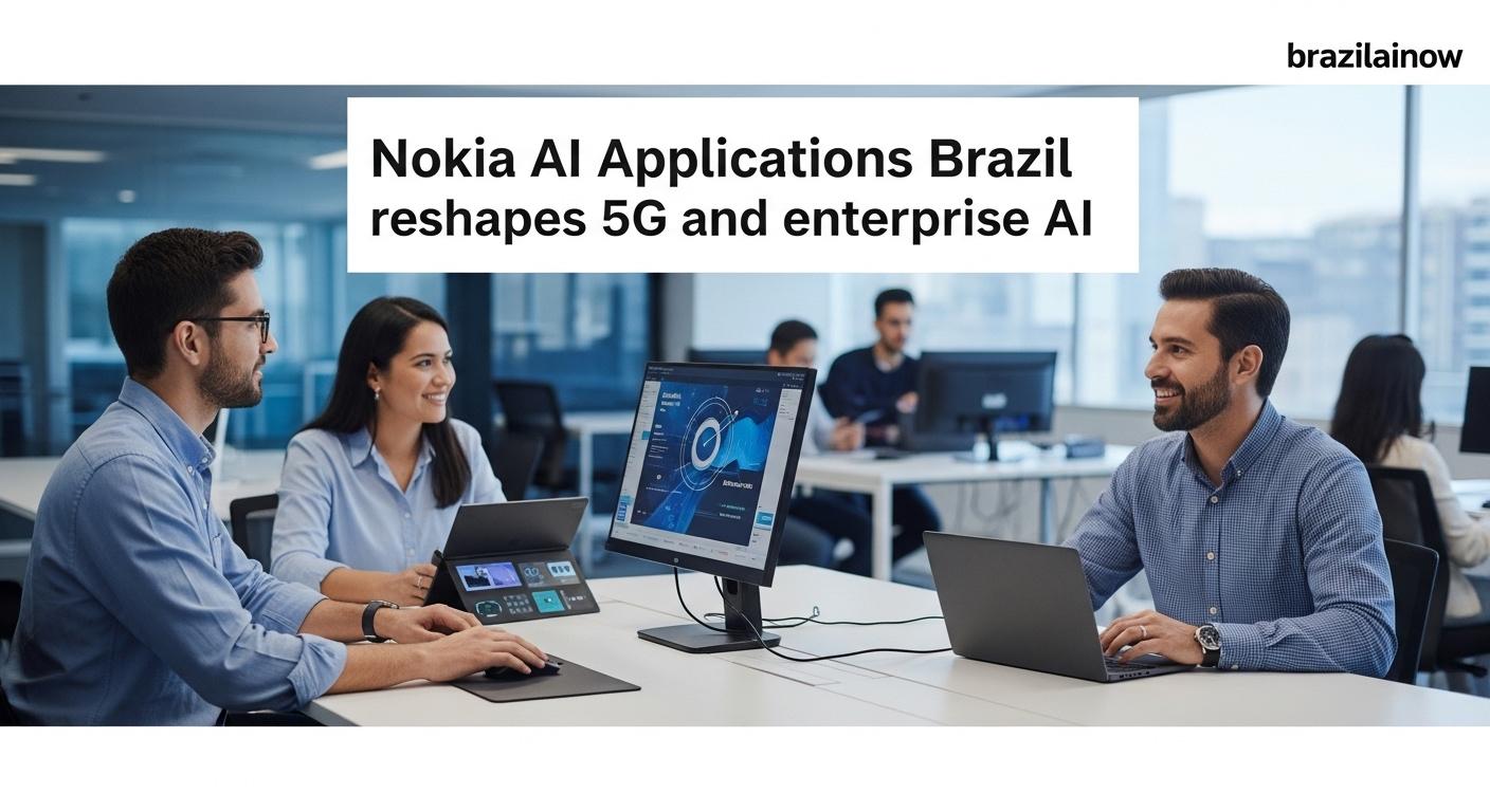 Editorial illustration of Nokia AI Applications Brazil integrating 5G and enterprise AI in Brazil