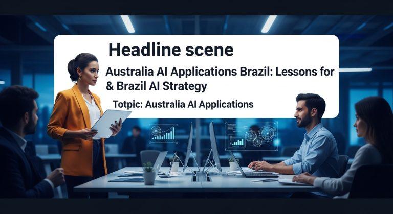 Cross-border AI collaboration between Australia and Brazil illustrated on a newsroom desk.