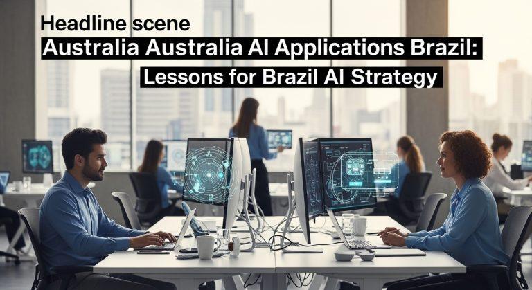 Cross-border AI collaboration between Australia and Brazil illustrated on a newsroom desk.