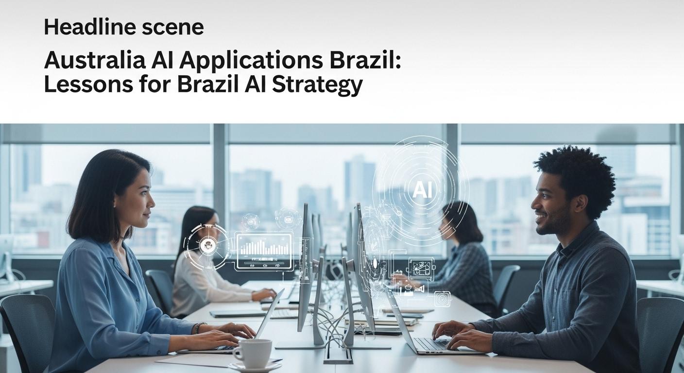 Cross-border AI collaboration between Australia and Brazil illustrated on a newsroom desk.