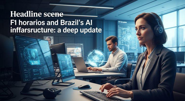 Data center with Brazilian motifs and multiple clocks highlighting time zones for F1 horarios.