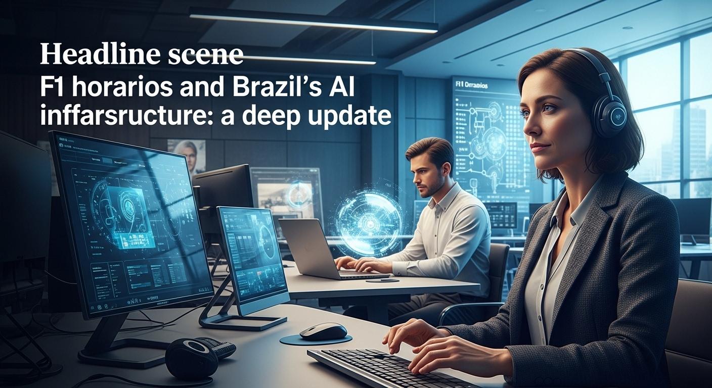 Data center with Brazilian motifs and multiple clocks highlighting time zones for F1 horarios.