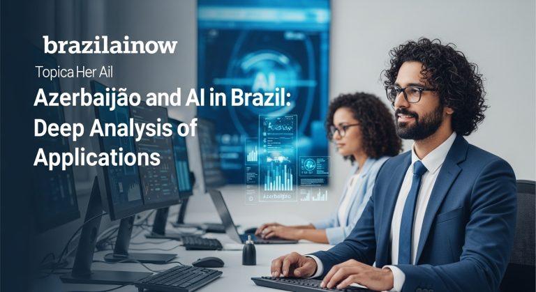 Brazilian city skyline with AI network visualization and a marker highlighting azerbaijão on a geopolitical map