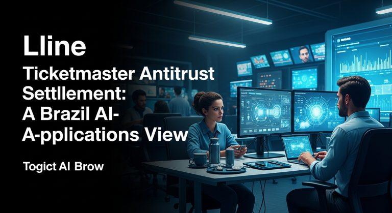 Brazilian newsroom illustration of a ticket, a gavel, and AI circuits representing regulation of AI-powered ticketing.