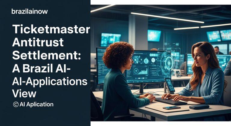 Brazilian newsroom illustration of a ticket, a gavel, and AI circuits representing regulation of AI-powered ticketing.