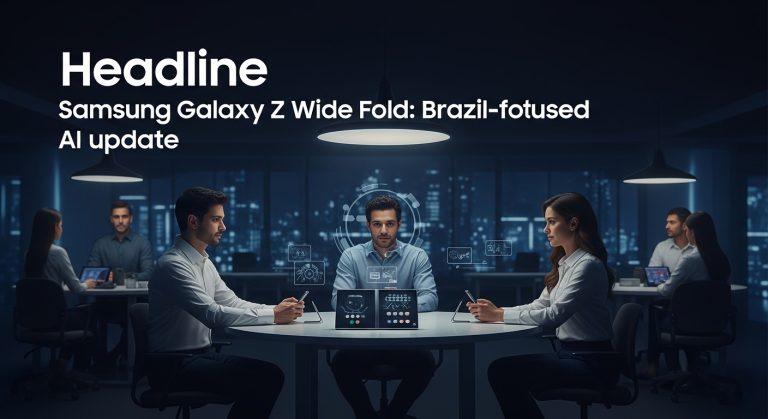 Editorial rendering of Samsung Galaxy Z Wide Fold with a broader display and AI interface in a Brazilian newsroom.