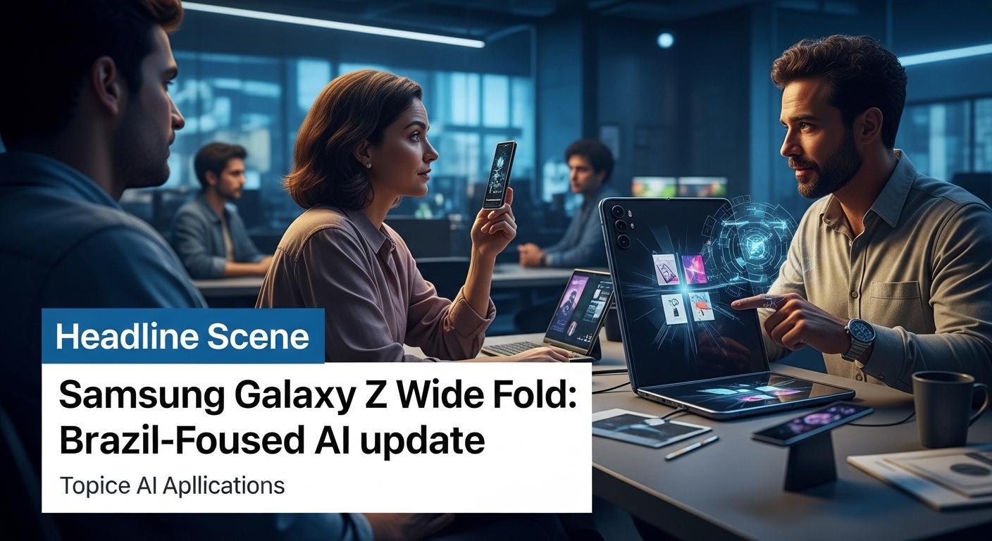 Editorial rendering of Samsung Galaxy Z Wide Fold with a broader display and AI interface in a Brazilian newsroom.