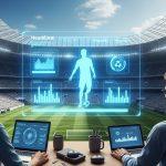 Futuristic football analytics dashboard over Brazilian stadium with holographic graphs