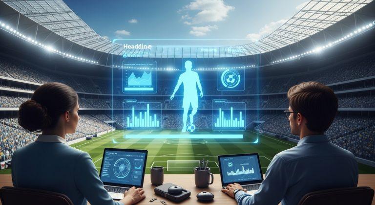 Futuristic football analytics dashboard over Brazilian stadium with holographic graphs